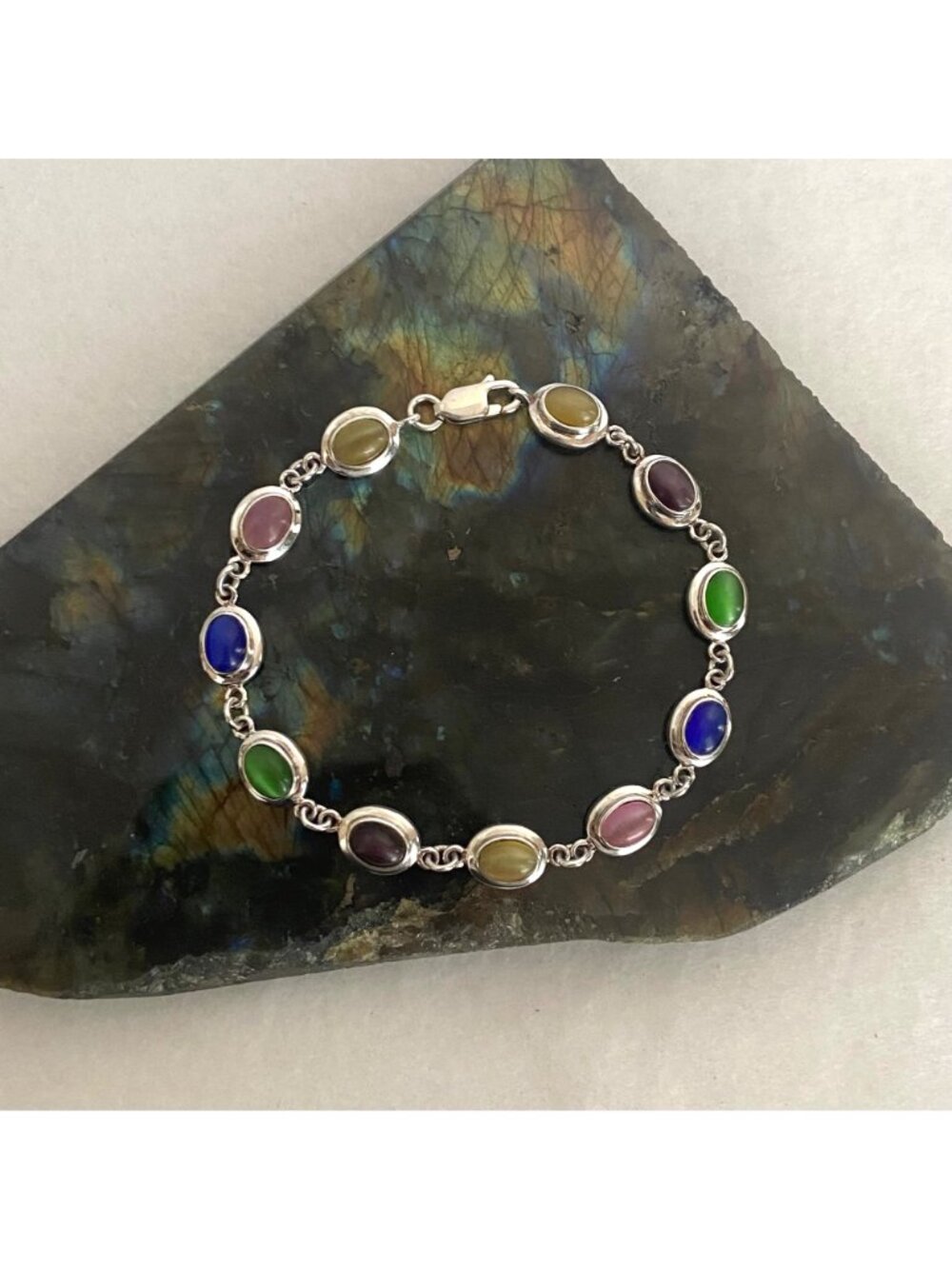 Sterling Silver 925 Multi Colored Oval Cats Eye Link Station Bracelet Sz 7.75" - Picture 2 of 16